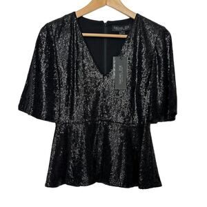 Rachel‎ Zoe Top Sequin Peplum Short Flutter Sleeve Black Size 0 NEW